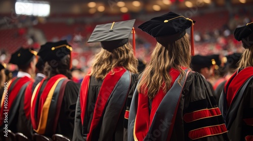 2410 15.A detailed rear view of university graduates standing together in their caps and gowns, facing forward toward the commencement stage. The scene captures the pride and achievement of