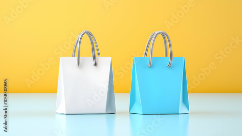 White and Blue Shopping Bags with Striped Handles on Yellow Background