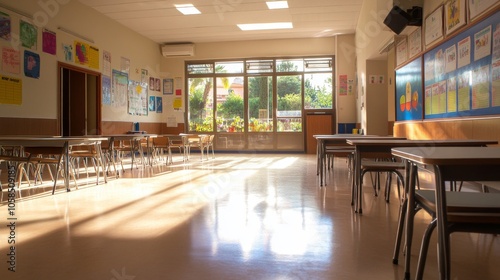 2410 56.An empty elementary classroom with chairs tucked under the desks, capturing a peaceful and tidy atmosphere. The walls are decorated with bright educational posters, while the sunlight streams