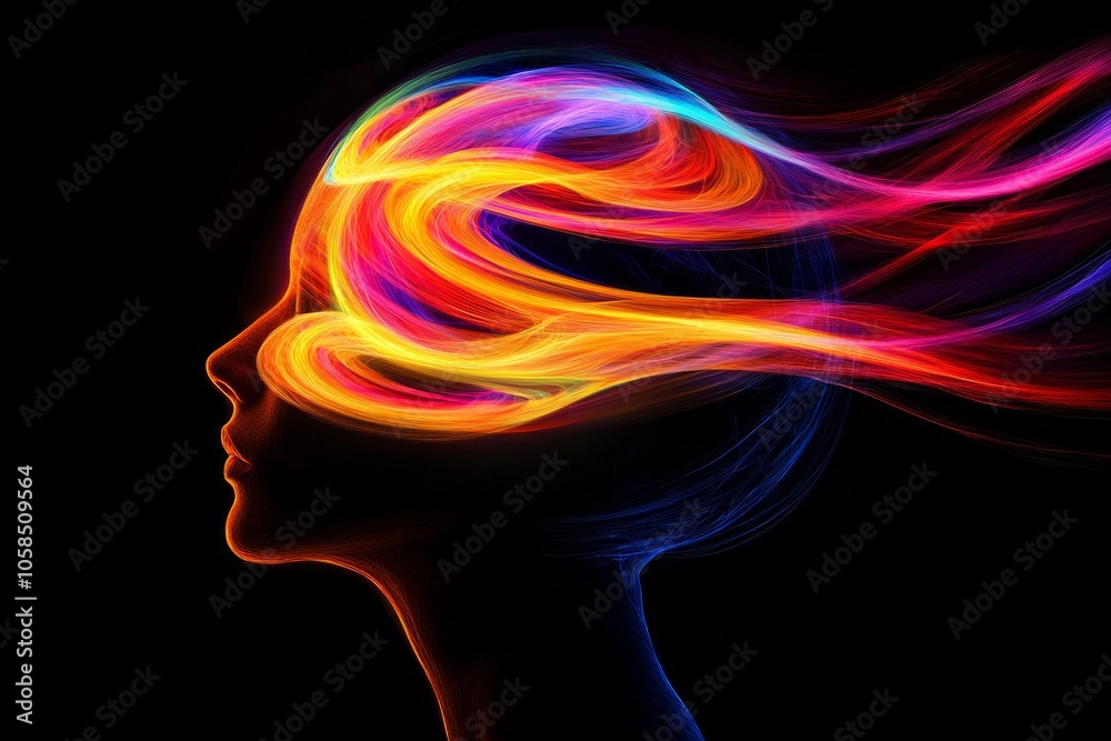 Obraz premium Boundless Imagination: A head silhouette with glowing, vibrant shapes spiraling outward, representing creative thoughts and endless ideas. 