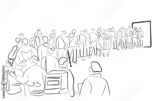 Hand drawn line art vector of a group of people in queue waiting for their turn. Adventure and tourism concept