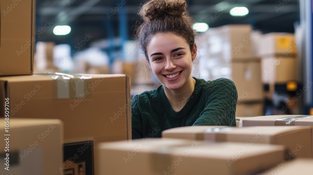 Smiling young woman with curly hair surrounded by cardboard boxes in a warehouse. Smiling young woman with curly hair surrounded by cardboard boxes in a warehouse.