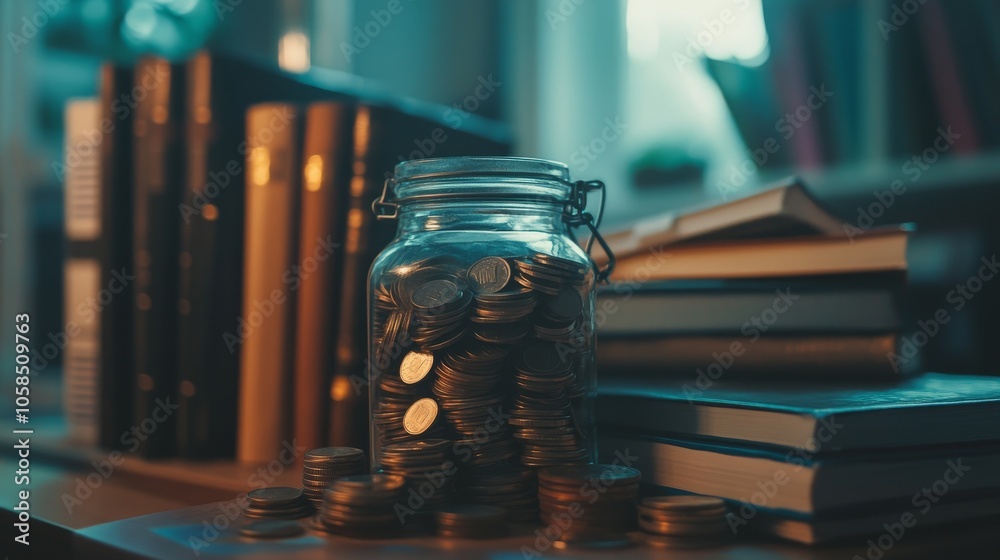 2410 20.A jar filled with coins stands next to a pile of textbooks, with soft light illuminating the scene. The image symbolizes financial preparation for education expenses, such as student loans or 2410 20.A jar filled with coins stands next to a pile of textbooks, with soft light illuminating the scene. The image symbolizes financial preparation for education expenses, such as student loans or