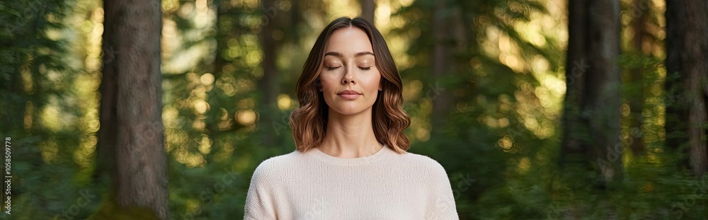 Young woman meditating peacefully in a serene forest environment. Young woman meditating peacefully in a serene forest environment.