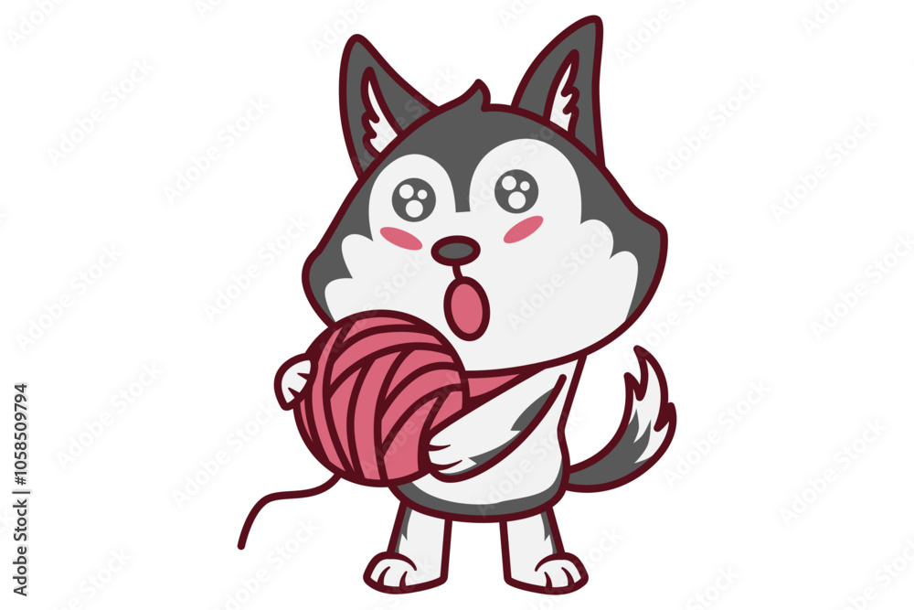Fototapeta premium Cute Dog Holding the Ball of Yarn Illustration