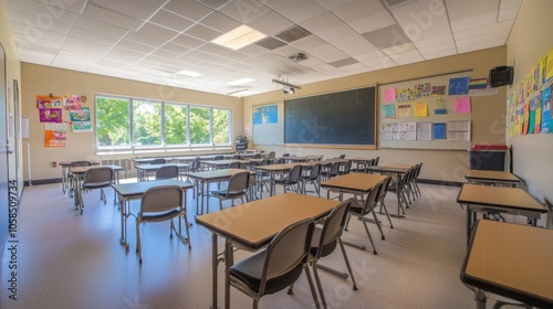 2410 55.The interior of a classroom featuring neat rows of desks and chairs, with a large blackboard and educational posters adorning the walls. The bright natural light from the windows enhances the