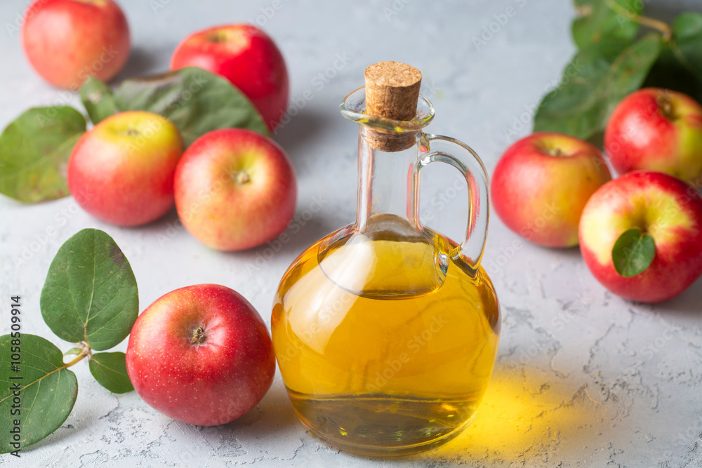 Apple cider vinegar of fermented fruit into a glass bottle with fresh organic ripe red apples with leaves Apple cider vinegar of fermented fruit into a glass bottle with fresh organic ripe red apples with leaves