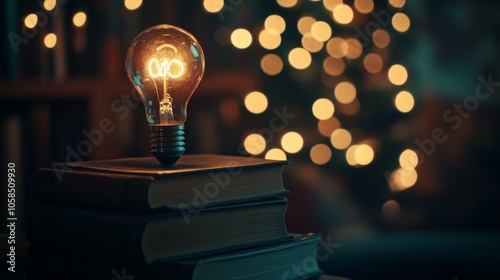 2410 37.A light bulb resting on a stack of books, softly glowing in a dark room with vintage-style bokeh lights in the background. The light symbolizes the creative ideas that emerge from reading and photo