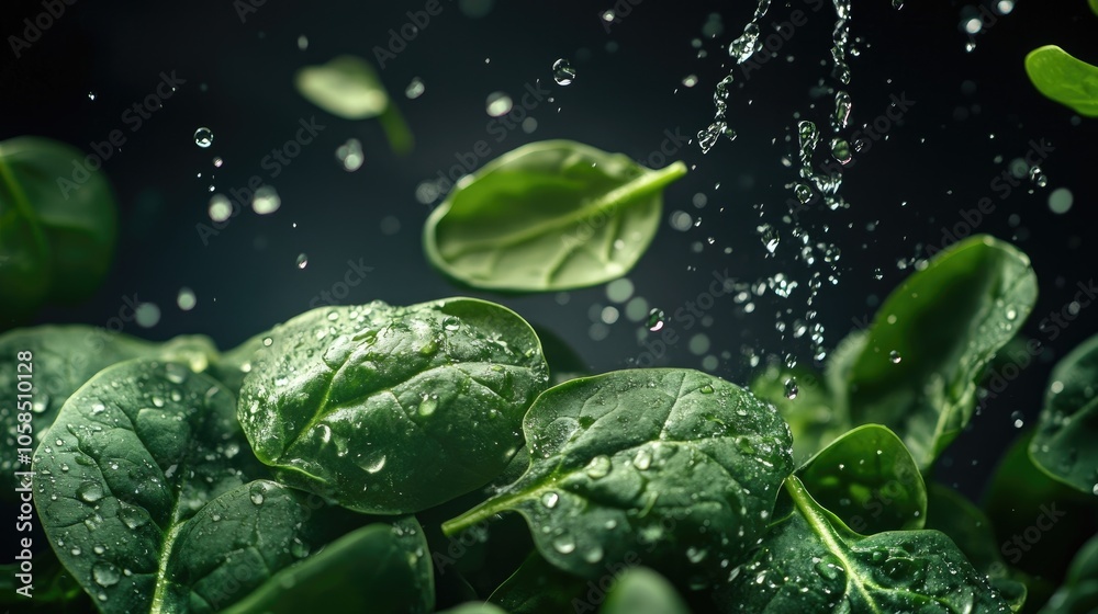 Fresh baby spinach leaves with water drops elegantly floating in the air against a dark backdrop, captured in a stream of water for vibrant food advertising. Ideal for culinary themes. Fresh baby spinach leaves with water drops elegantly floating in the air against a dark backdrop, captured in a stream of water for vibrant food advertising. Ideal for culinary themes.