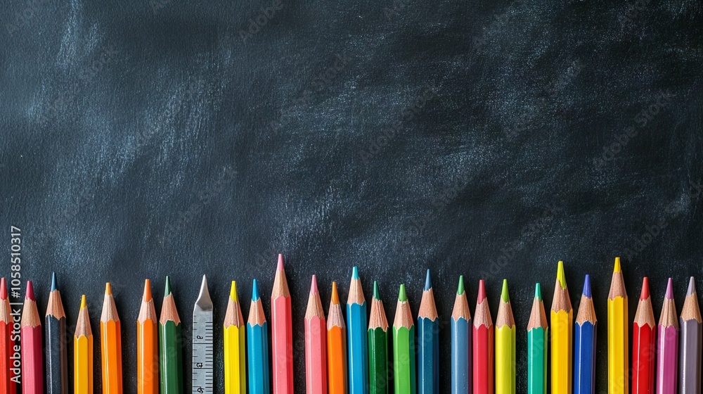 2410 63.A neatly arranged collection of school supplies, including colored pencils, a ruler, and an eraser, placed on a textured chalkboard background. The dark surface of the chalkboard contrasts 2410 63.A neatly arranged collection of school supplies, including colored pencils, a ruler, and an eraser, placed on a textured chalkboard background. The dark surface of the chalkboard contrasts