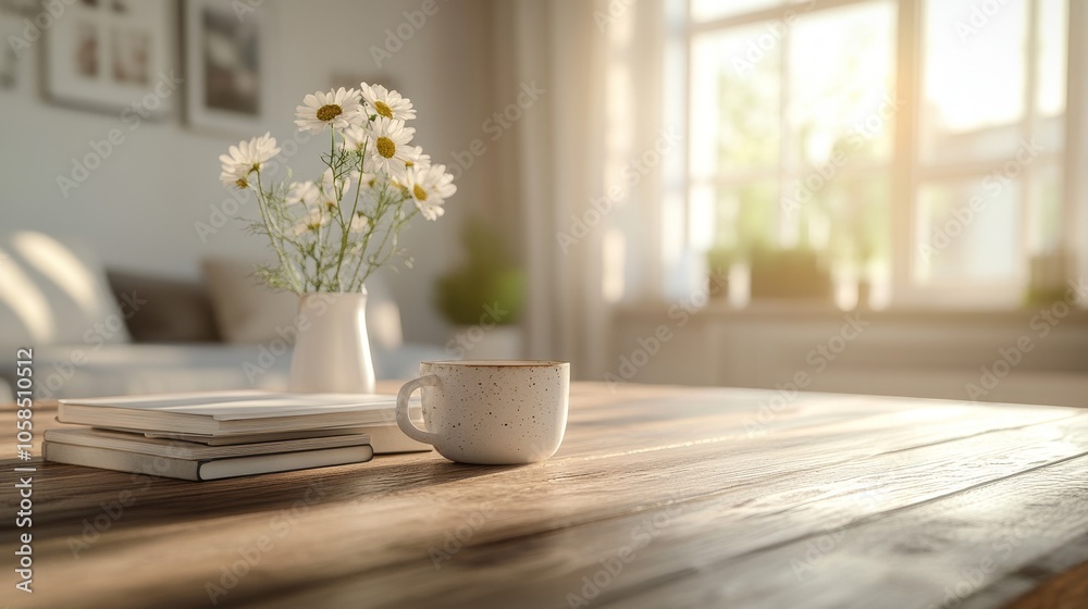 2410 95.A polished wooden tabletop adorned with minimal decor, including a coffee cup, books, and a small vase of flowers. The blurred Scandinavian living room in the background creates a cozy and 2410 95.A polished wooden tabletop adorned with minimal decor, including a coffee cup, books, and a small vase of flowers. The blurred Scandinavian living room in the background creates a cozy and