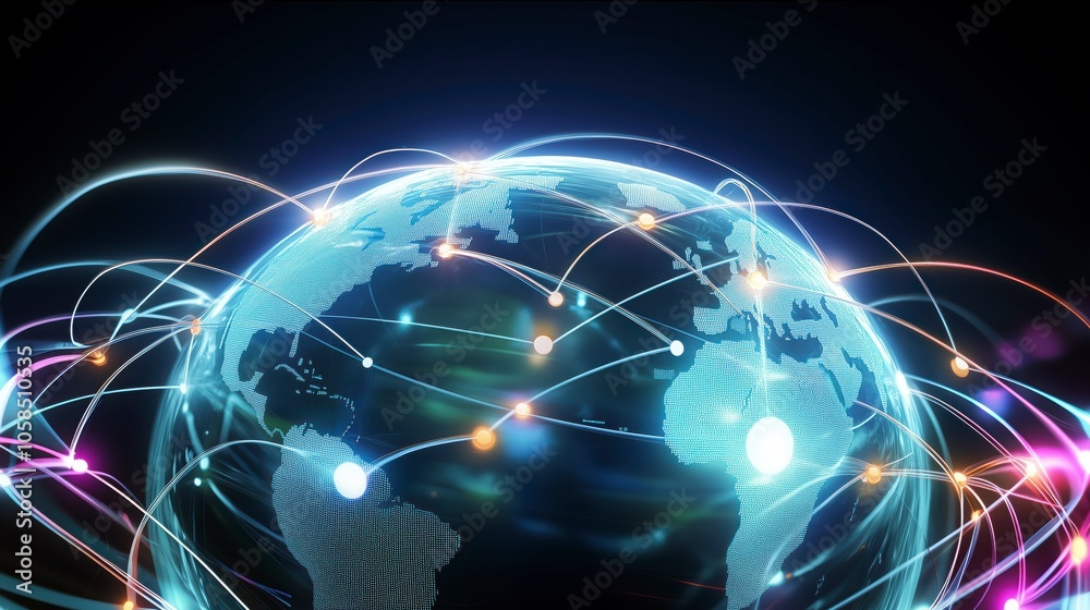 Global Business Concept of Connections and Information Transfer in the World: 3D Illustration of Network Connection, Big Data Analytics, and Business Concept on a Blue Background