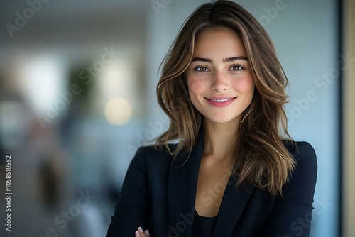 Beautiful Businesswoman with Long Hair, Friendly Smile in Office Setting