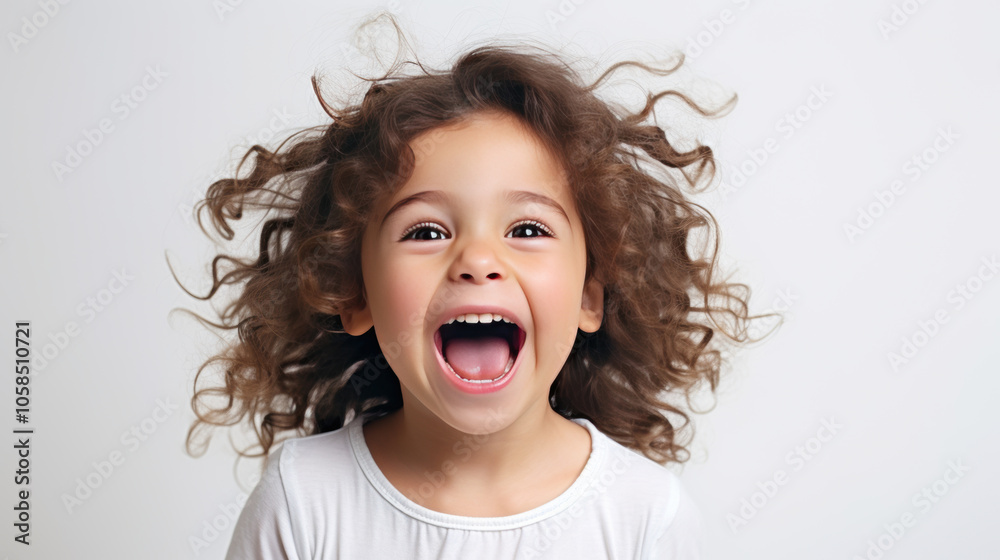 Joyful Curly-Haired Child Laughing on White Background Joyful Curly-Haired Child Laughing on White Background
