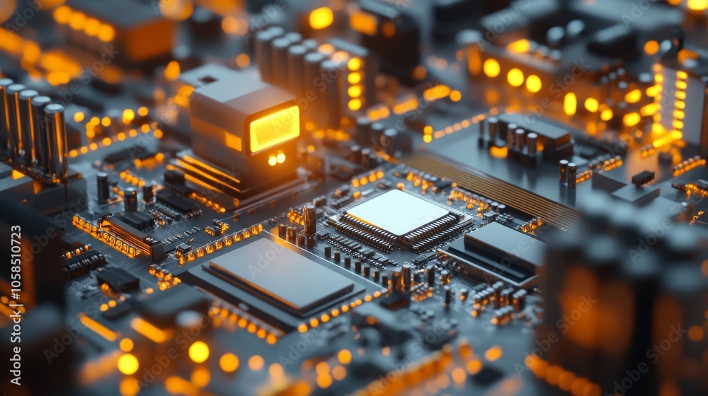 A close-up view of a computer circuit board featuring glowing components and intricate designs, showcasing modern electronic technology.