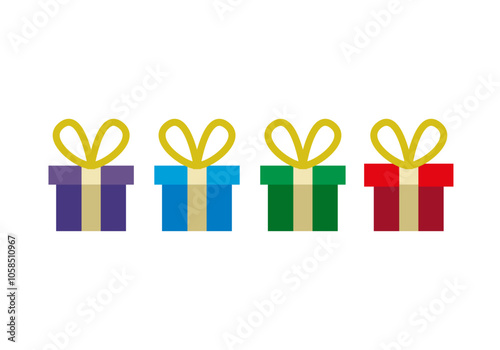 Caja de regalos de lazo dorado y caja azul, morado, verde y rojo