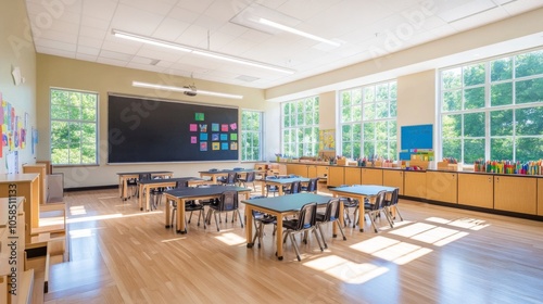 2410 54.A spacious classroom with well-organized desks and chairs, large windows along one wall providing natural light. The walls are decorated with colorful learning materials, and a large