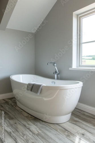 Modern Freestanding Bathtub in Bright Minimalist Bathroom Interior