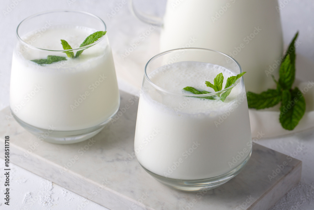 Turkish traditional drink ayran , kefir or buttermilk made from yogurt