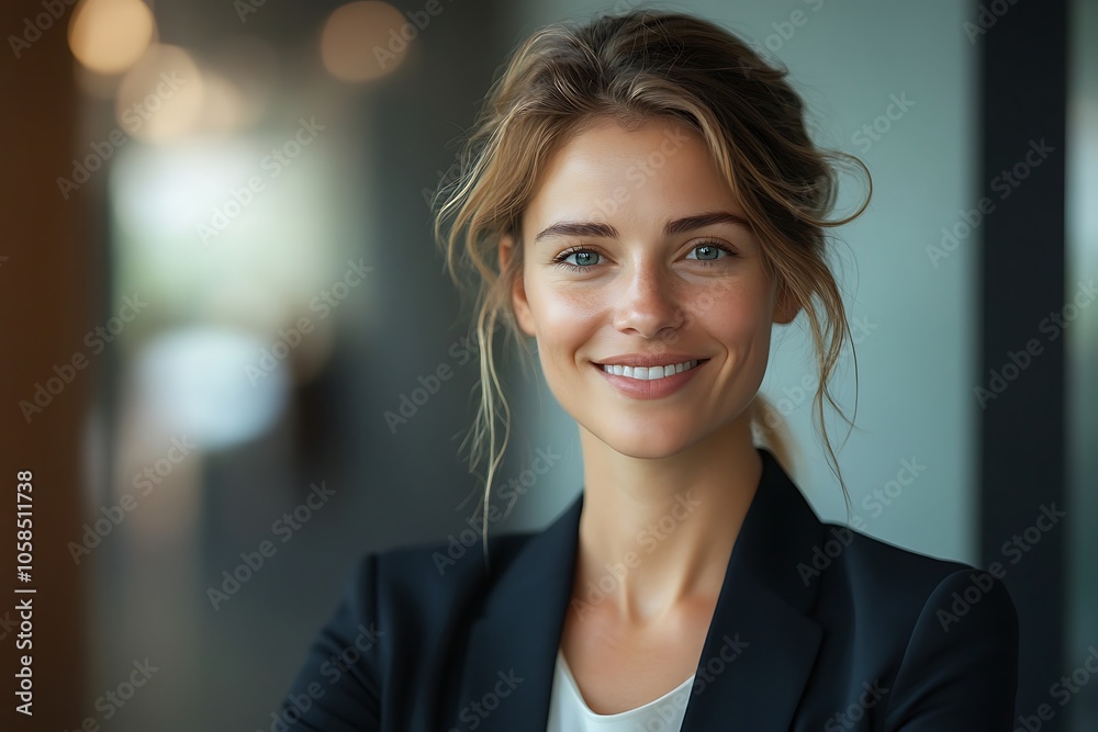 Blonde Businesswoman with Green Eyes Smiling in Black Blazer Blonde Businesswoman with Green Eyes Smiling in Black Blazer