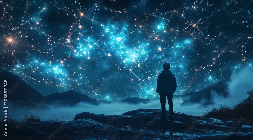 Fototapeta premium Stargazer Witnesses Northern Lights and Meteor Showers Celestial Beauty for Earth Day or Solstice Celebrations