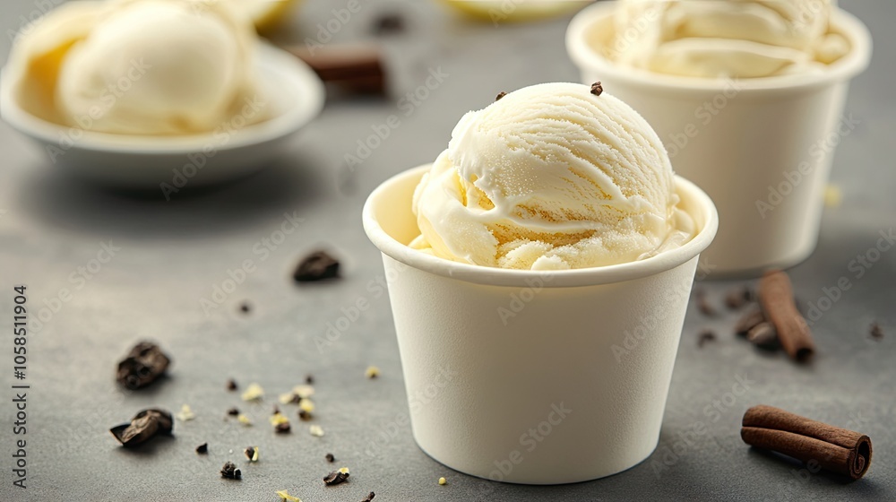 Creamy lemon and vanilla ice cream, crafted by a skilled artisan, is elegantly served in cups with a focus on texture and detail, ideal for adding to dessert concepts or menus. Creamy lemon and vanilla ice cream, crafted by a skilled artisan, is elegantly served in cups with a focus on texture and detail, ideal for adding to dessert concepts or menus.