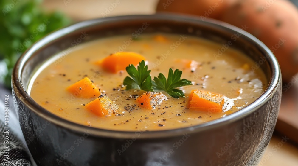 Savory Sweet Potato Soup in a Bowl Garnished with Parsley. Sweet Potato Chowder Savory Sweet Potato Soup in a Bowl Garnished with Parsley. Sweet Potato Chowder
