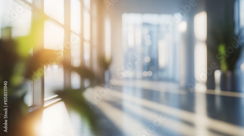 Beautiful blurred background of a light modern office interior with panoramic windows and beautiful lighting.