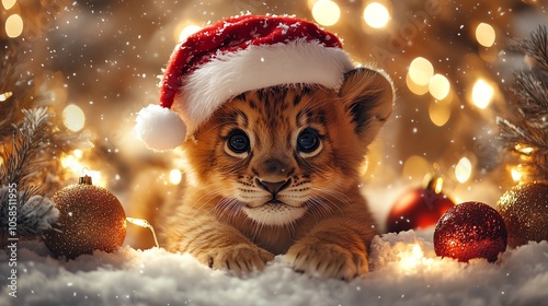 Adorable lion cub wearing Santa hat, surrounded by festive decorations. photo