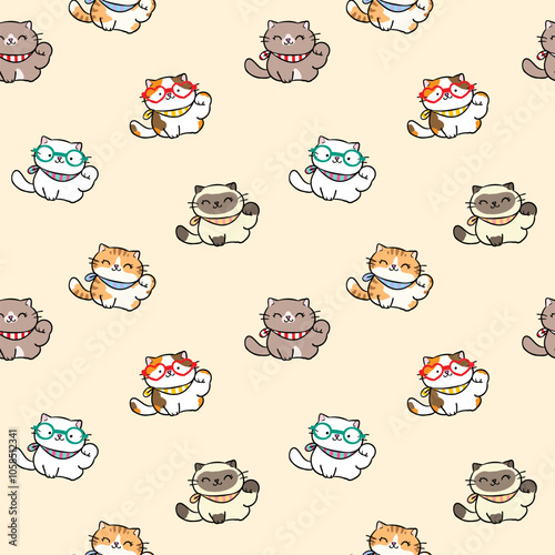 Seamless Pattern of Cute Cartoon Cat Design on Light Yellow Background