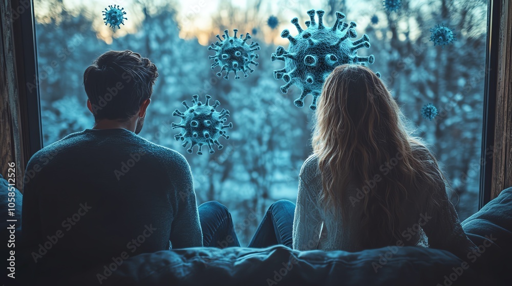 Couple looking out the window at virus symbols, contemplative atmosphere. Couple looking out the window at virus symbols, contemplative atmosphere.