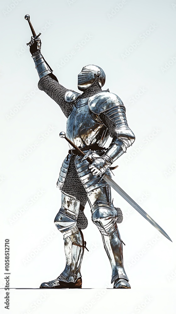 Medieval Knight in Full Armor Holding a Sword Up Isolated Medieval Knight in Full Armor Holding a Sword Up Isolated
