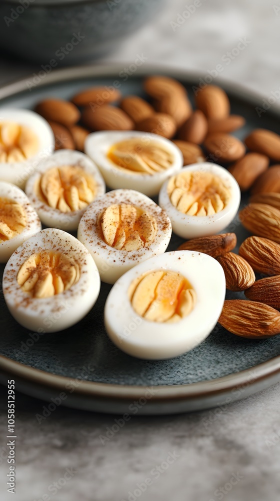 A plate of sliced boiled eggs and almonds, showcasing a healthy snack option. A plate of sliced boiled eggs and almonds, showcasing a healthy snack option.