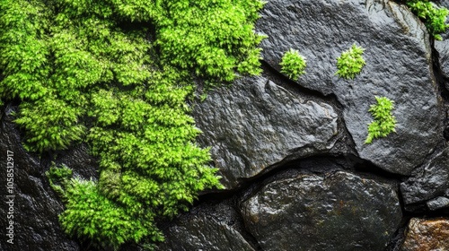 Close-up of a wet stone adorned with lush moss, creating a serene natural atmosphere. This image highlights the texture of the wet stone and vibrant green moss. Photo style with copy space.