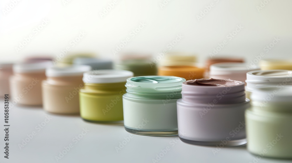 Cream Products. An array of different cream products in small jars on a clean white background. Cream Products. An array of different cream products in small jars on a clean white background.