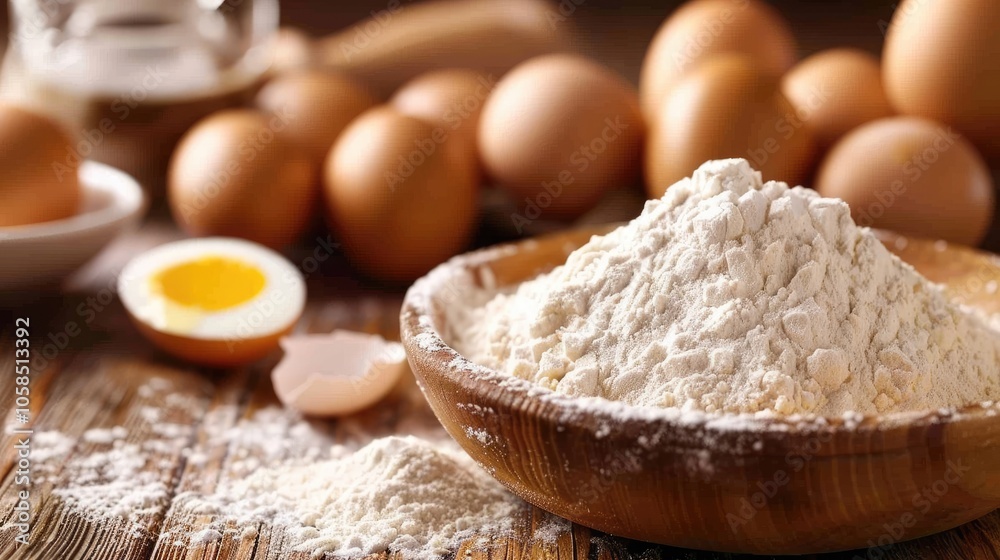 Baking Ingredients: Flour, Eggs, Sugar. Baking Ingredients: Flour, Eggs, Sugar.