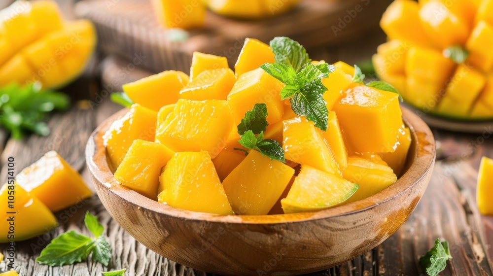 Fresh Mango Cubes with Mint Leaves in a Wooden Bowl Fresh Mango Cubes with Mint Leaves in a Wooden Bowl