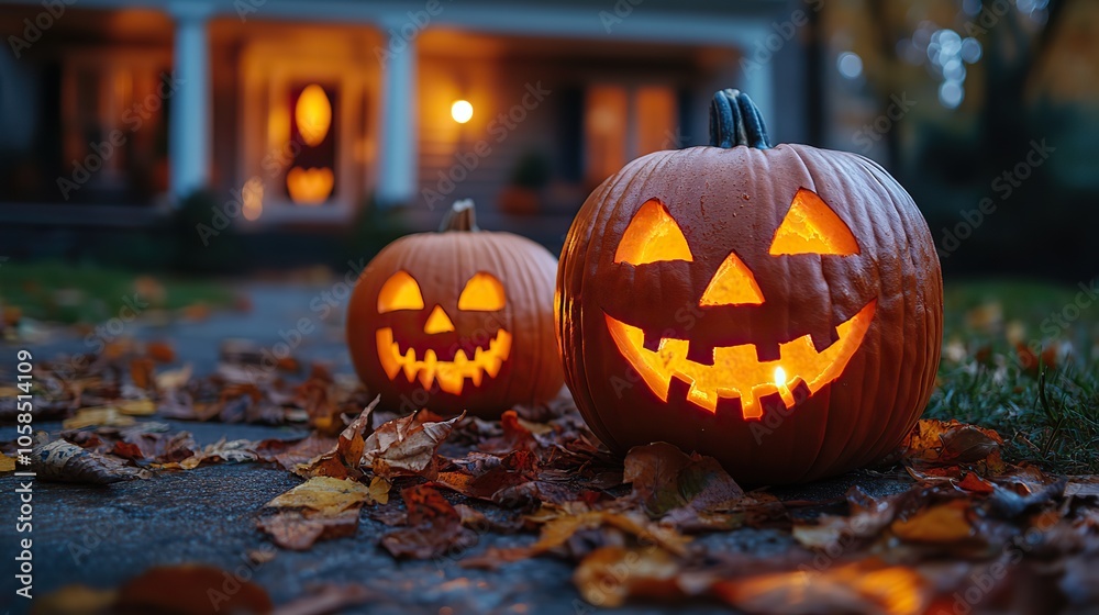 Halloween pumpkins glow with spooky carved faces, lighting up the porch at night Halloween pumpkins glow with spooky carved faces, lighting up the porch at night