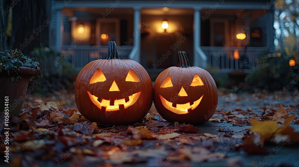 Halloween pumpkins glow with spooky carved faces, lighting up the porch at night Halloween pumpkins glow with spooky carved faces, lighting up the porch at night