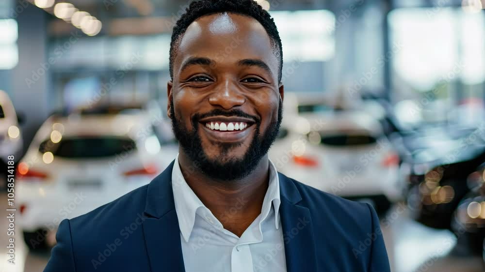 A smiling man in a blue suit stands in a car dealership
