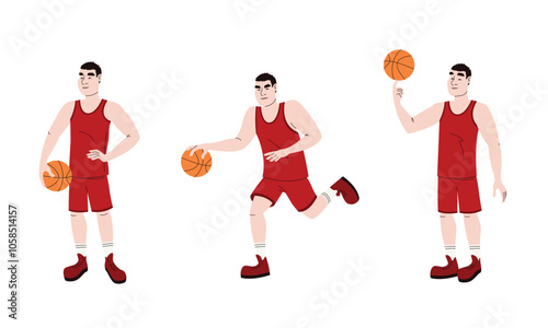 Basketball player in different poses. Male person in linear flat style.