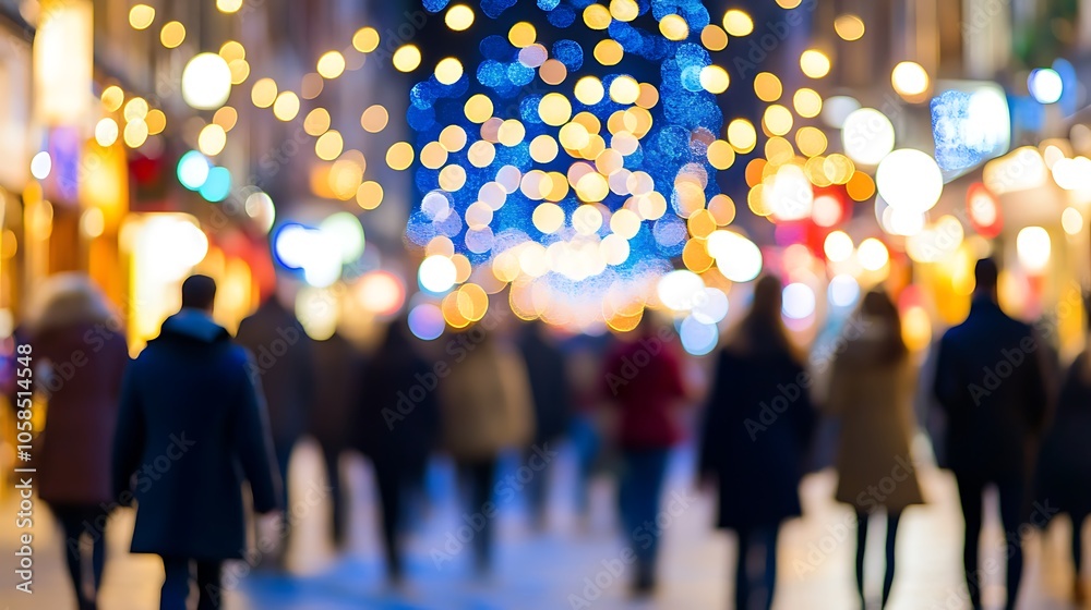 Blurred city lights with people walking Smooth Blue Background with Copy Space for Advertisements