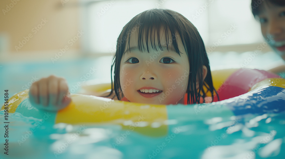 子供用プールで遊ぶ冒険心溢れる日本の女の子 子供用プールで遊ぶ冒険心溢れる日本の女の子