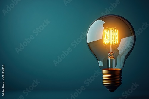 Illuminated light bulb with glowing filament and dust particles inside against a dark teal background, symbolizing ideas, creativity, and innovation