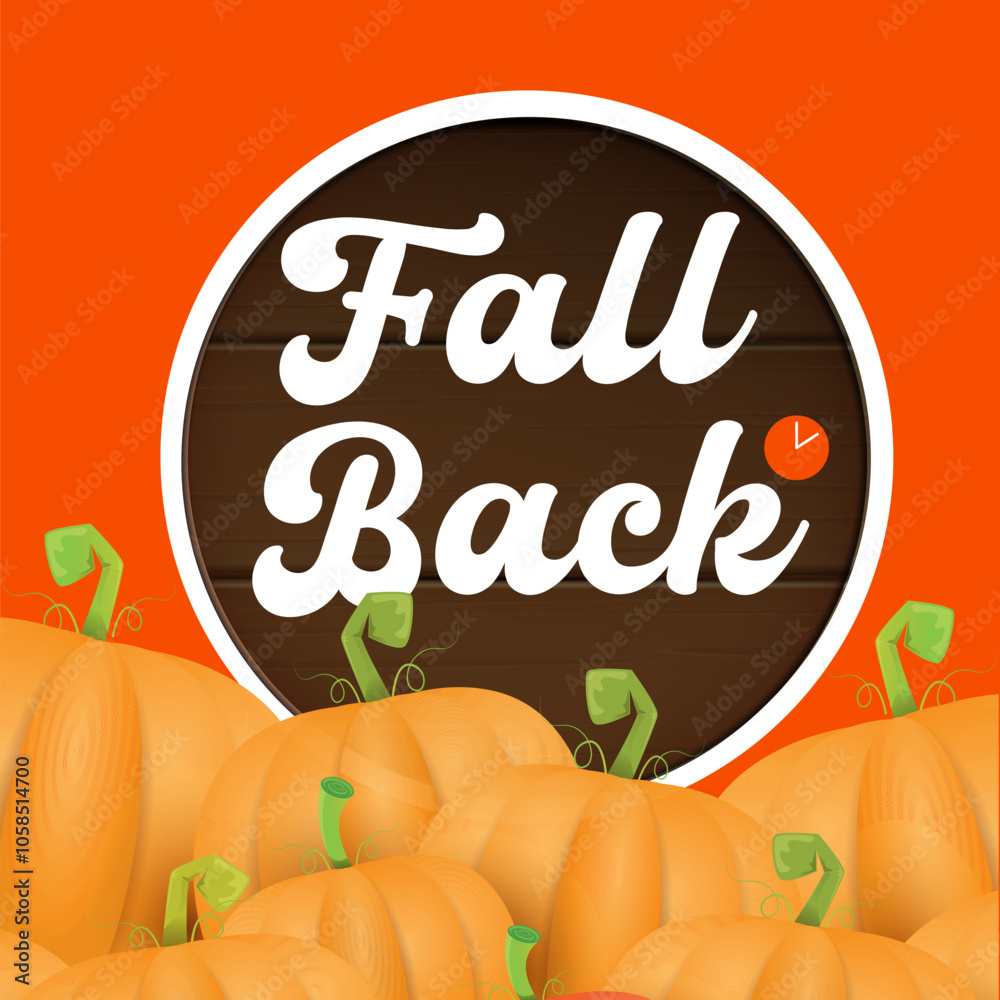 Fall Back 2024. Autumn Daylight saving time ends banner with pumpkins isolated on orange background.