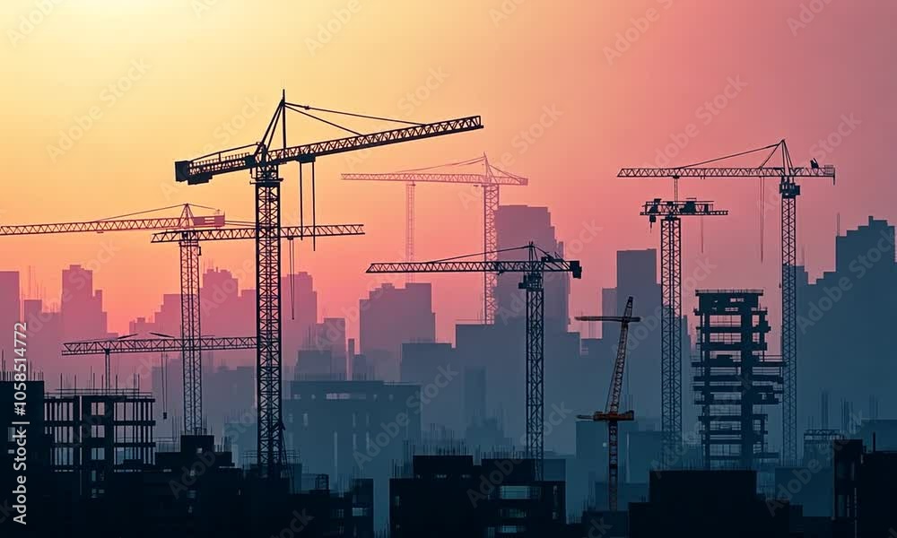A sunset silhouette of construction cranes against a city skyline, symbolizing urban development. A sunset silhouette of construction cranes against a city skyline, symbolizing urban development.