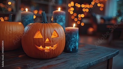 Halloween scene with wooden wall, candles, and pumpkins on table, spooky lights in the background