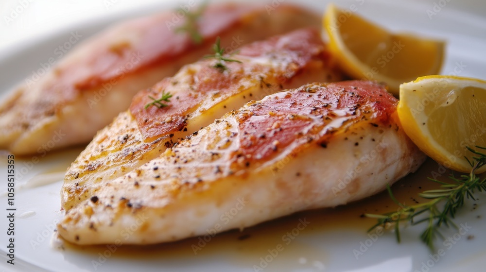 Grilled Chicken Breasts with Lemon and Herbs on White Plate Grilled Chicken Breasts with Lemon and Herbs on White Plate
