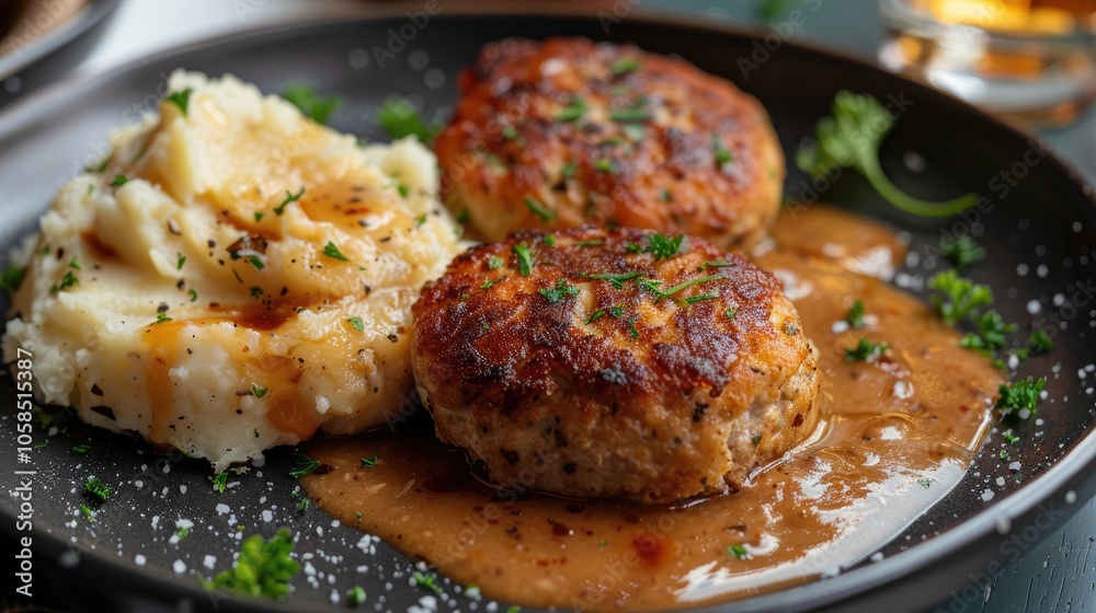 Chicken patties with homemade sauce, mashed potatoes Chicken patties with homemade sauce, mashed potatoes