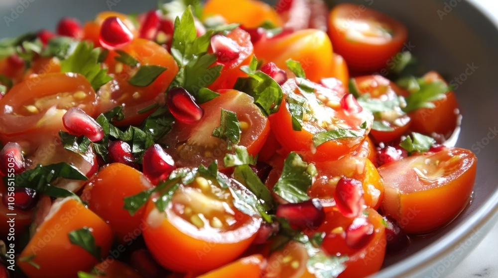 Fresh Tomato Pomegranate Salad on Rustic Table Fresh Tomato Pomegranate Salad on Rustic Table